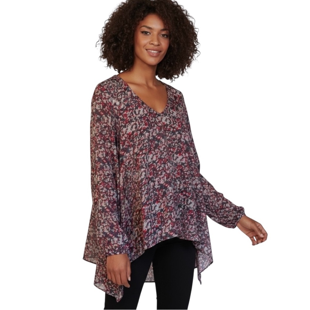 BCBGeneration Flowy High-Low Blouse Small – Multicolor Print with Keyhole Back - Picture 2 of 7